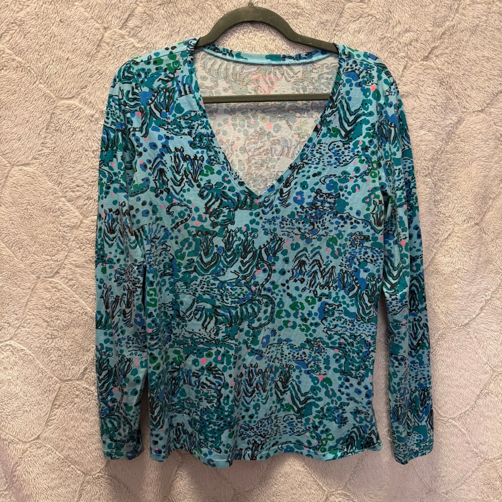 Lilly Pulitzer VNeck Long Sleeve Top SZ L Cotton Preppy Colorful Coastal Boho - Picture 2 of 10